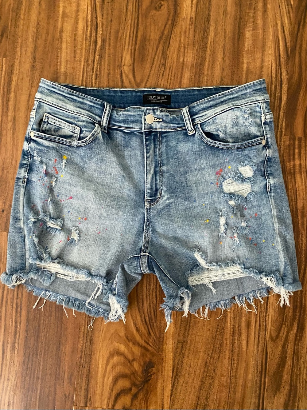 Judy Blue Light Wash Distressed Denim Shorts with Paint Splatter